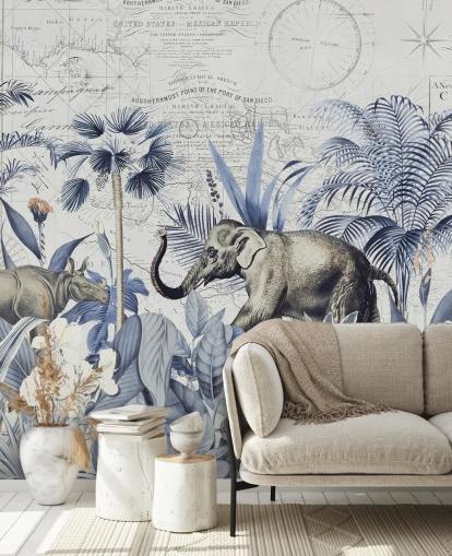 elephant and rhino in blue and grey jungle wall mural