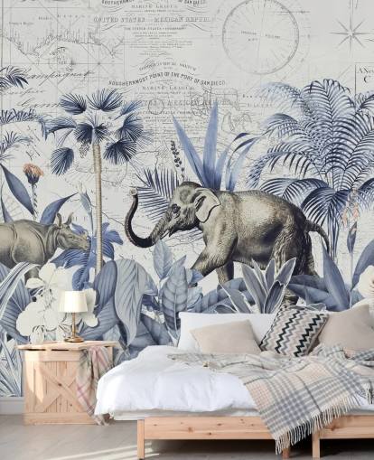 Elefant und Nashorn im blauen und grauen Dschungel Wandgemälde