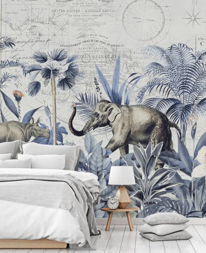 elephant and rhino in blue and grey jungle wall mural
