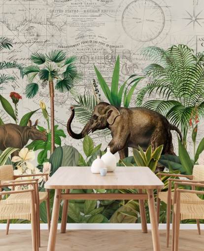 papier peint jungle éléphant et rhinocéros