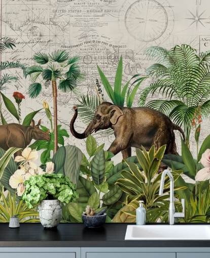 papel tapiz de elefante y rinoceronte papel tapiz de elefante y rinoceronte