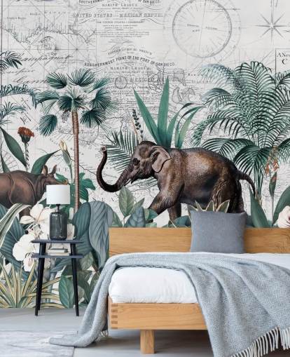 grön djungel med elefant och noshörning karta bakgrundsbild