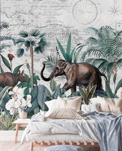 green jungle with elephant and rhino map background wallpaper