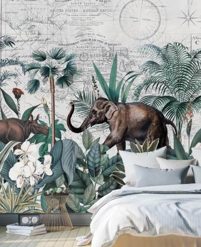 green jungle with elephant and rhino map background wallpaper