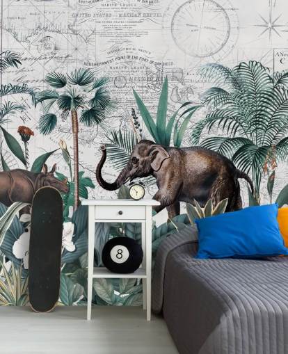 jungle verte avec fond d'écran carte éléphant et rhinocéros jungle verte avec fond d'écran carte éléphant et rhinocéros