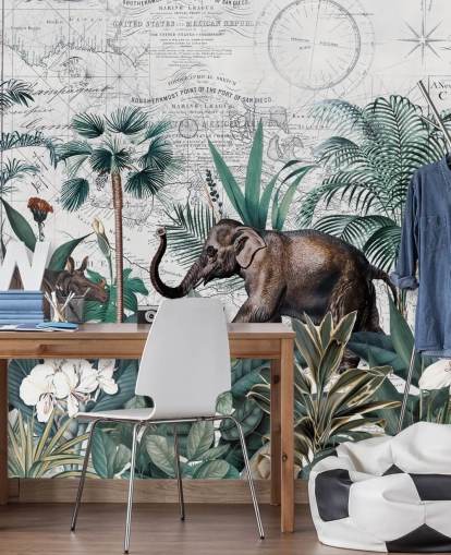 green jungle with elephant and rhino map background wallpaper