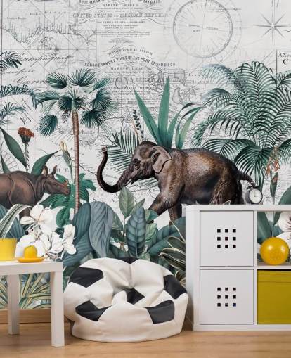 green jungle with elephant and rhino map background wallpaper