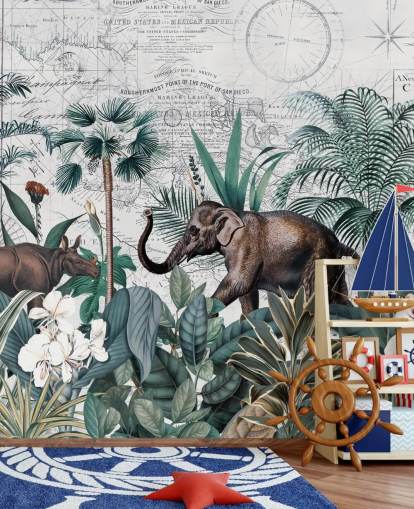 green jungle with elephant and rhino map background wallpaper