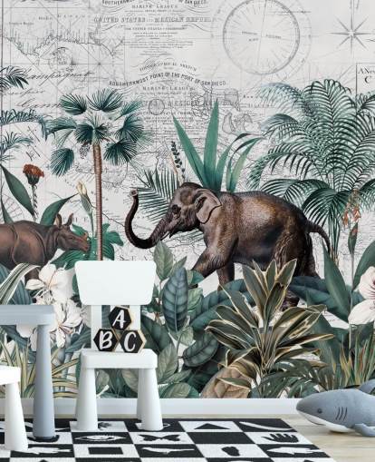 grünen Dschungel mit Elefanten und Nashorn-Karten-Hintergrund-Tapete