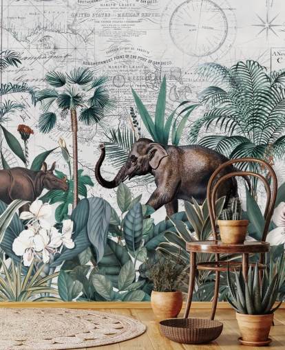 selva verde con fondo de pantalla de elefante y rinoceronte