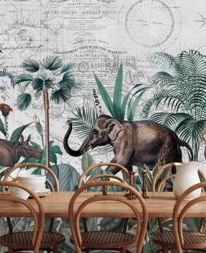 green jungle with elephant and rhino map background wallpaper