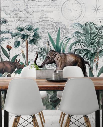 jungle verte avec fond d'écran carte éléphant et rhinocéros