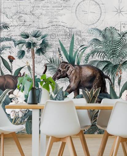 green jungle with elephant and rhino map background wallpaper