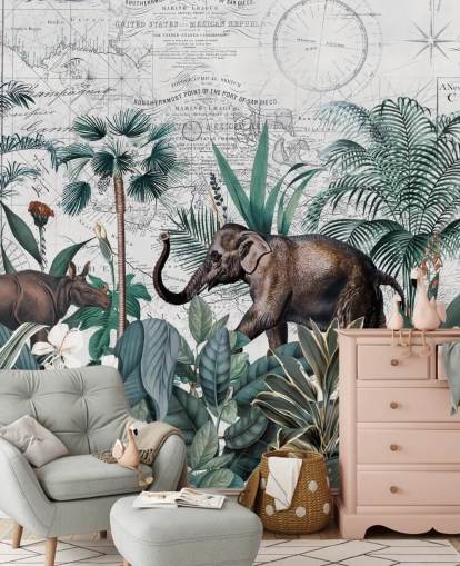 selva verde con fondo de pantalla de elefante y rinoceronte