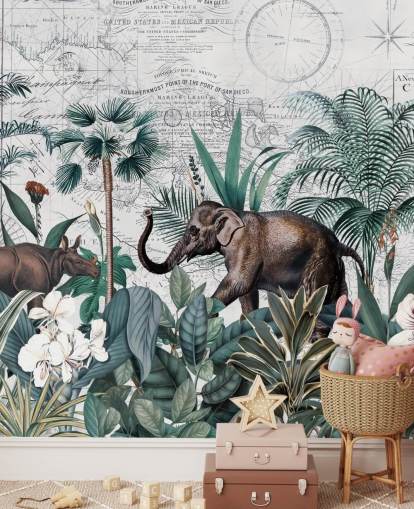 jungle verte avec fond d'écran carte éléphant et rhinocéros