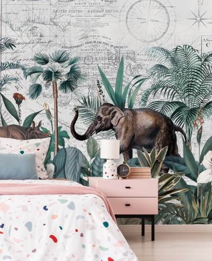 grünen Dschungel mit Elefanten und Nashorn-Karten-Hintergrund-Tapete