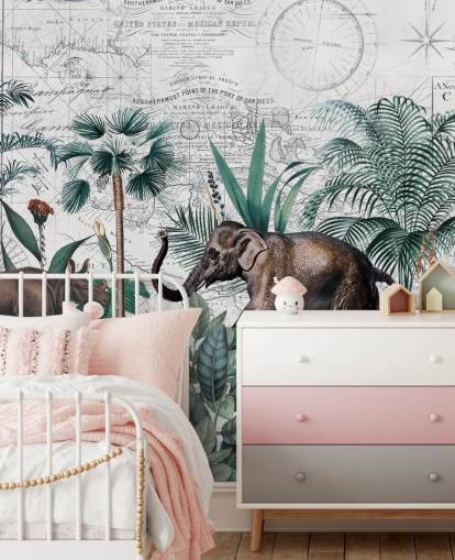 selva verde com elefante e rinoceronte mapa fundo papel de parede