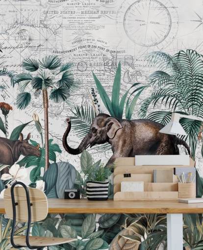 giungla verde con carta da parati sfondo mappa elefante e rinoceronte