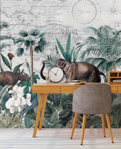 selva verde con fondo de pantalla de elefante y rinoceronte