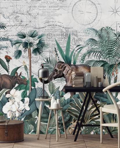 jungle verte avec fond d'écran carte éléphant et rhinocéros