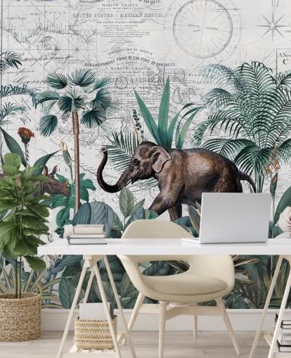 groene jungle met olifant en neushoorn kaart achtergrondbehang