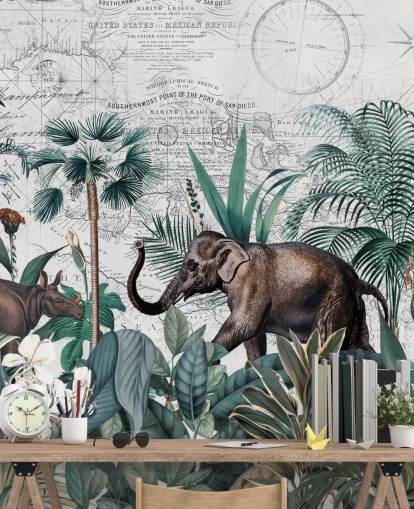 giungla verde con carta da parati sfondo mappa elefante e rinoceronte