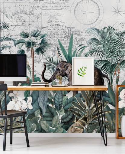 selva verde con fondo de pantalla de elefante y rinoceronte