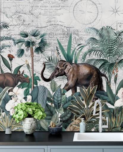 groene jungle met olifant en neushoorn kaart achtergrondbehang