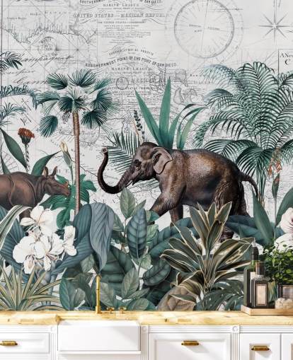 jungle verte avec fond d'écran carte éléphant et rhinocéros jungle verte avec fond d'écran carte éléphant et rhinocéros