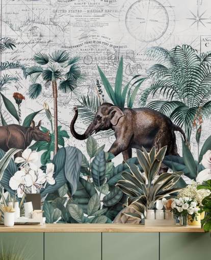 grünen Dschungel mit Elefanten und Nashorn-Karten-Hintergrund-Tapete