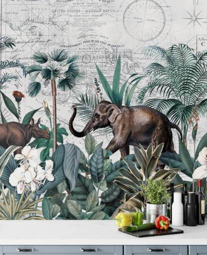 green jungle with elephant and rhino map background wallpaper
