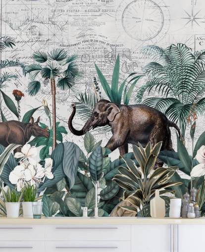 selva verde con fondo de pantalla de elefante y rinoceronte