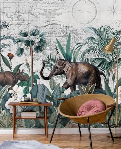 green jungle with elephant and rhino map background wallpaper