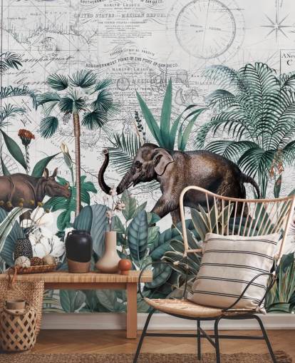 grünen Dschungel mit Elefanten und Nashorn-Karten-Hintergrund-Tapete grünen Dschungel mit Elefanten und Nashorn-Karten-Hintergrund-Tapete