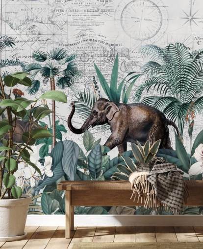 selva verde com elefante e rinoceronte mapa fundo papel de parede