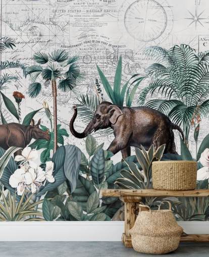 green jungle with elephant and rhino map background wallpaper