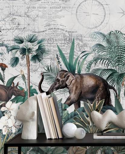 grünen Dschungel mit Elefanten und Nashorn-Karten-Hintergrund-Tapete