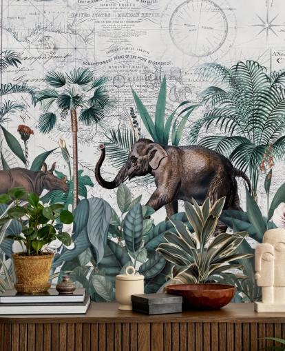 selva verde com elefante e rinoceronte mapa fundo papel de parede