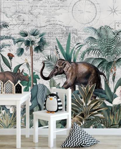 selva verde con fondo de pantalla de elefante y rinoceronte