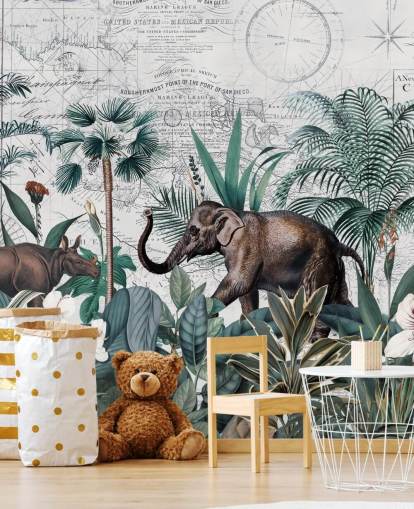 selva verde con fondo de pantalla de elefante y rinoceronte