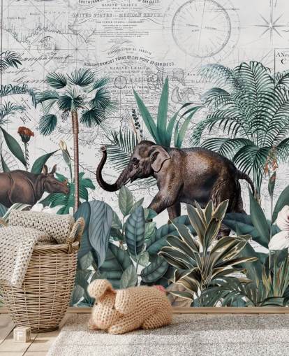 green jungle with elephant and rhino map background wallpaper