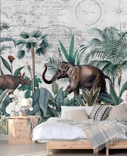 jungle verte avec fond d'écran carte éléphant et rhinocéros