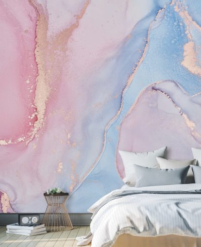 individuelle Aquarelltapete in Rosa, Blau und Lila namens Dreamy Watercolour für Schlafzimmer