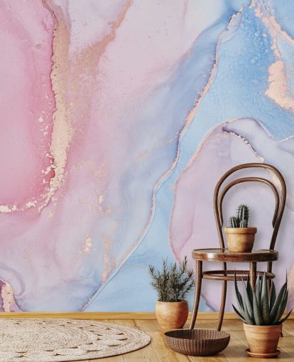 individuelle Aquarelltapete in Rosa, Blau und Lila namens Dreamy Watercolour für Schlafzimmer