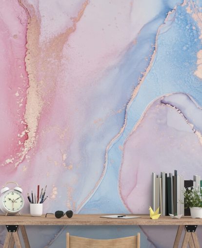 mural de papel pintado de acuarela personalizado rosa, azul y lila llamado Dreamy Watercolour para dormitorios