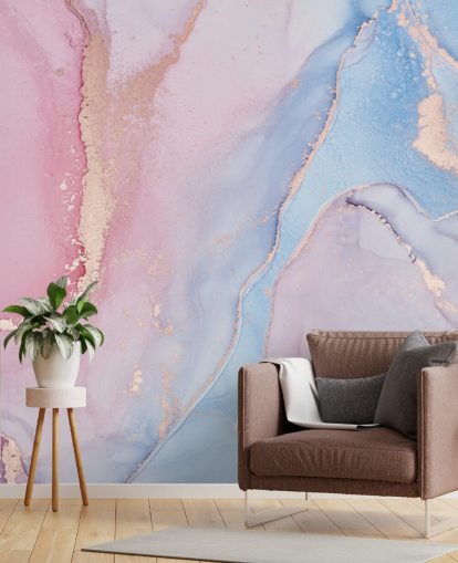 individuelle Aquarelltapete in Rosa, Blau und Lila namens Dreamy Watercolour für Schlafzimmer