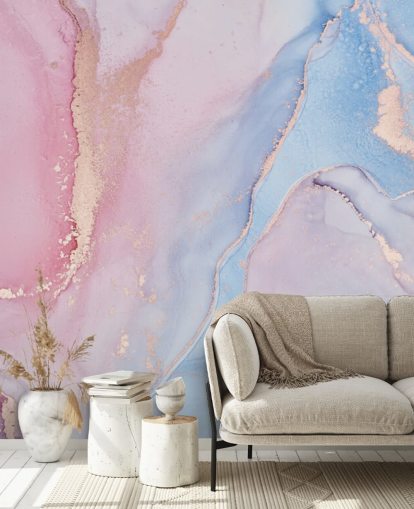roze, blauwe en lila op maat gemaakte aquarelbehangmuurschildering genaamd Dreamy Watercolour voor slaapkamers