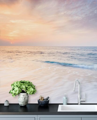 milky white waves and peach sunset sky wallpaper