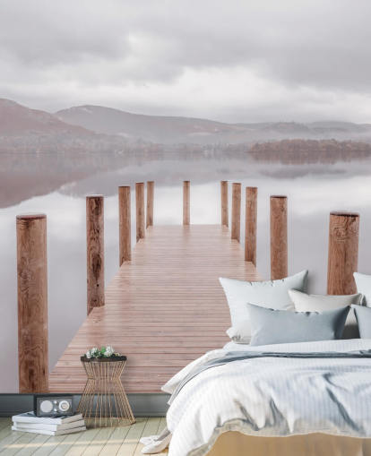 jetty in calm lake wallpaper