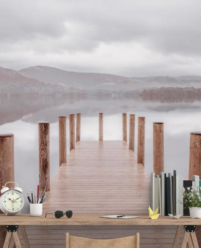 jetty in calm lake wallpaper